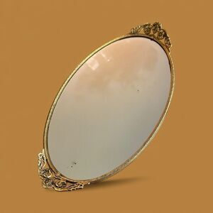 Vtg Stylebuilt Accessories 15’’ Oval Mirrored Vanity Tray Hollywood Regency Gold